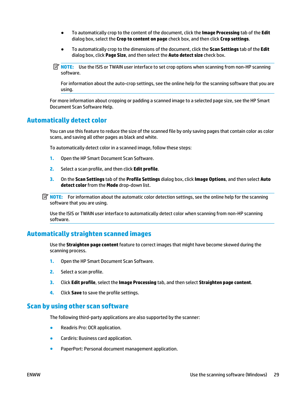 Automatically detect color, Automatically straighten scanned images, Scan by using other scan software | HP ScanJet Enterprise Flow 5000 s4 User Manual | Page 37 / 72