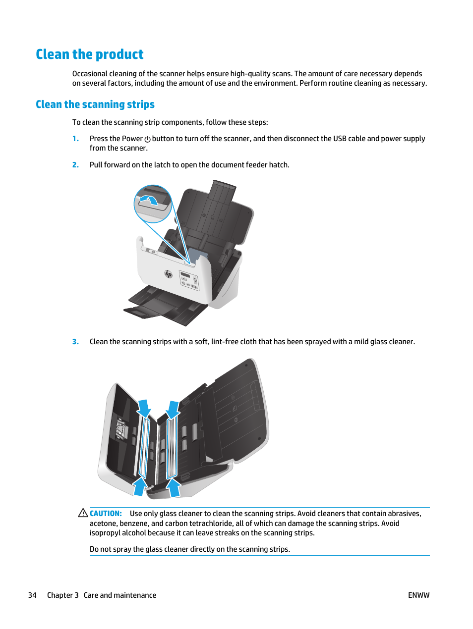 Clean the product, Clean the scanning strips | HP ScanJet Enterprise Flow 5000 s4 User Manual | Page 42 / 72