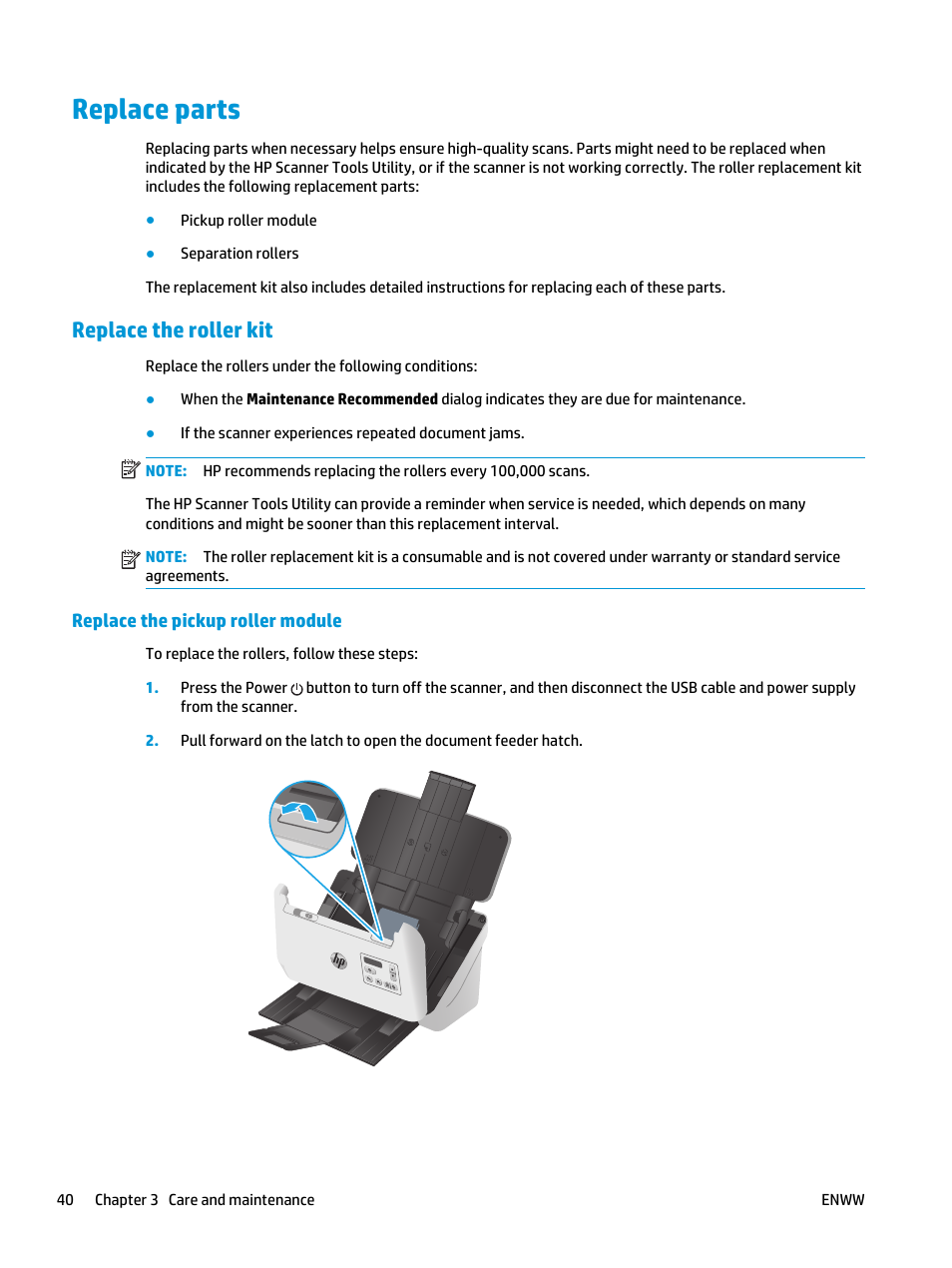 Replace parts, Replace the roller kit, Replace the pickup roller module | HP ScanJet Enterprise Flow 5000 s4 User Manual | Page 48 / 72