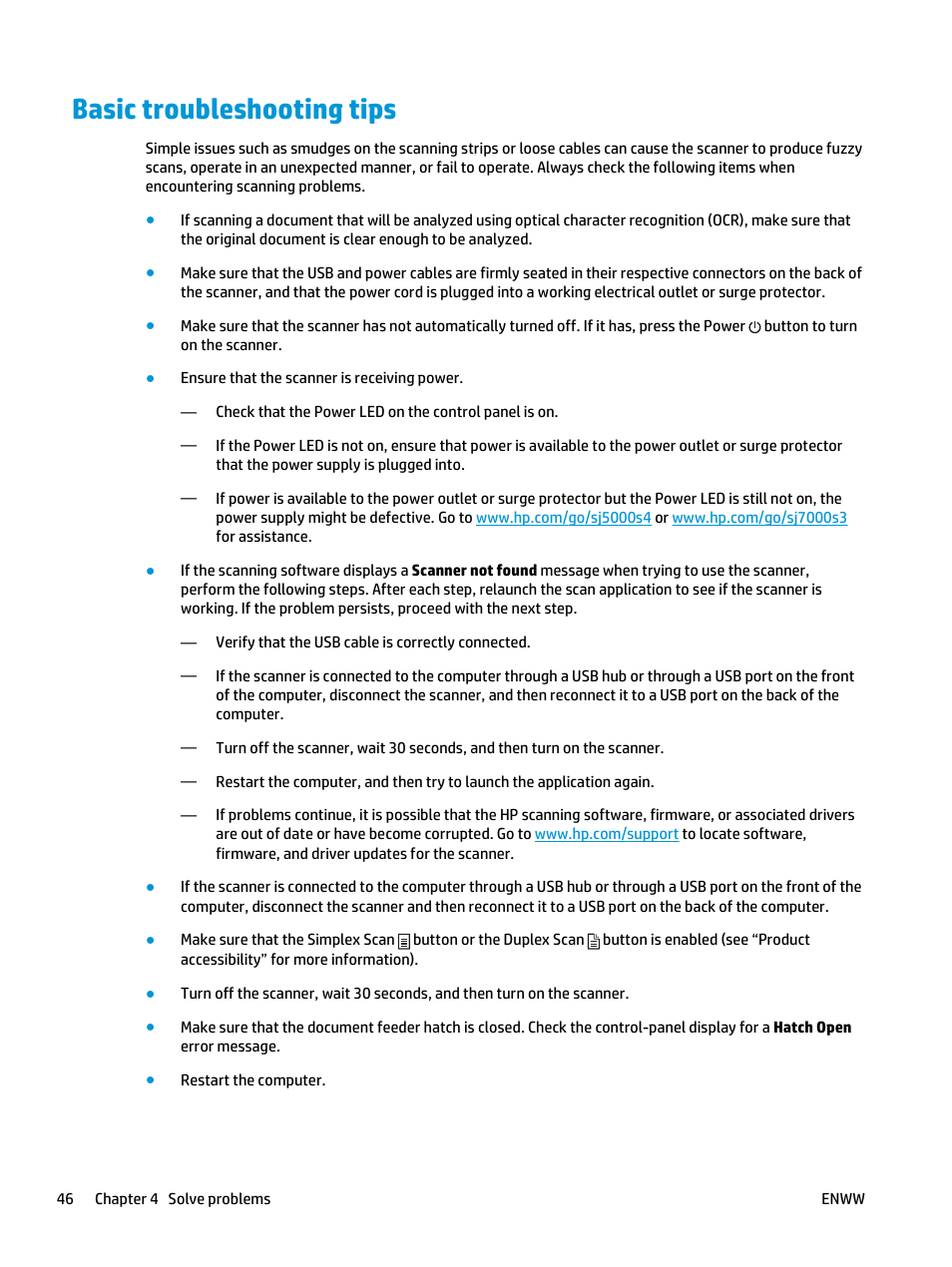 Basic troubleshooting tips | HP ScanJet Enterprise Flow 5000 s4 User Manual | Page 54 / 72