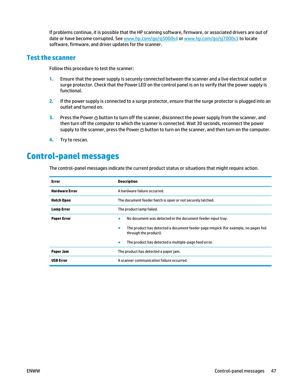 Test the scanner, Control-panel messages | HP ScanJet Enterprise Flow 5000 s4 User Manual | Page 55 / 72