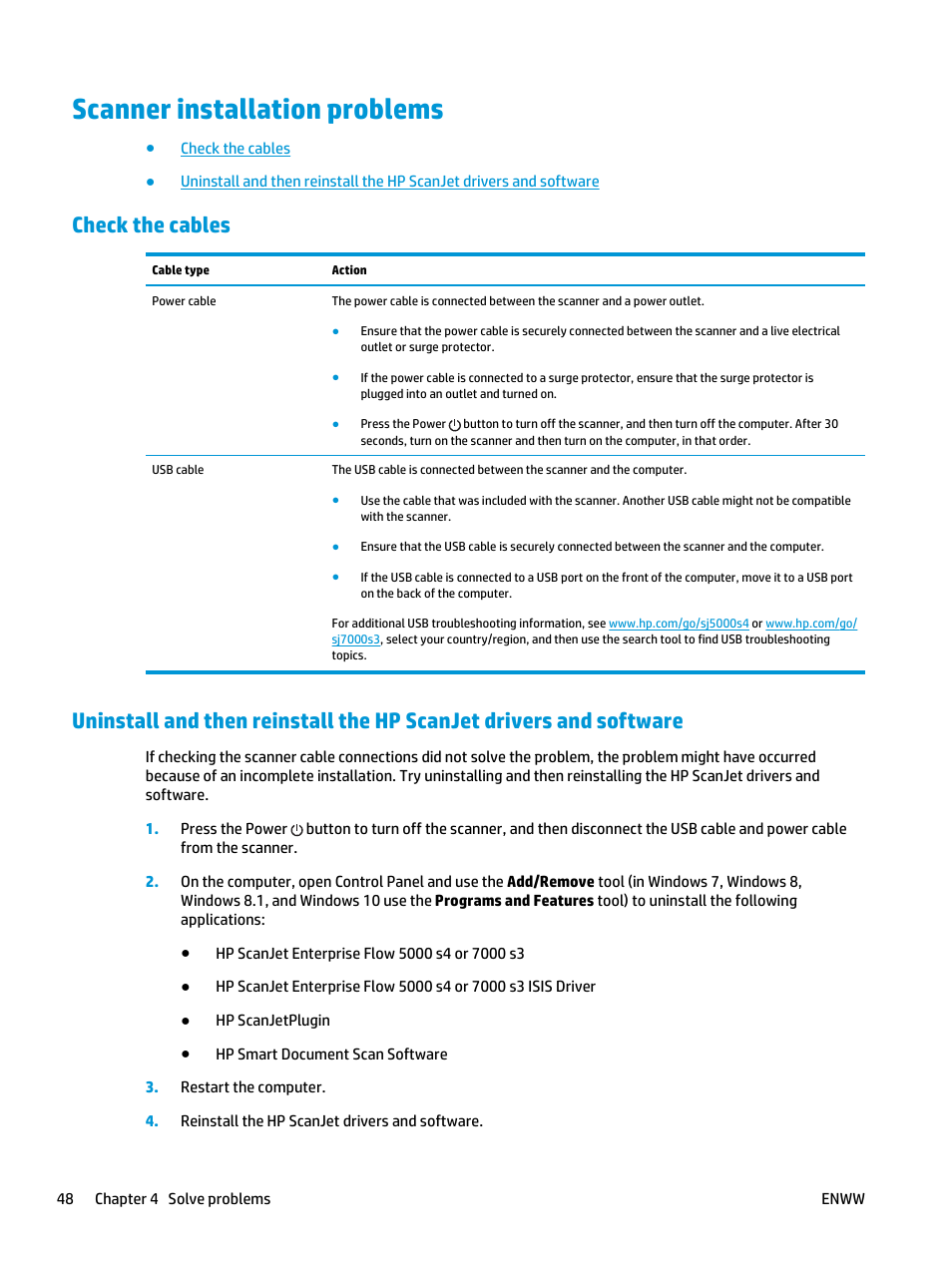 Scanner installation problems, Check the cables | HP ScanJet Enterprise Flow 5000 s4 User Manual | Page 56 / 72