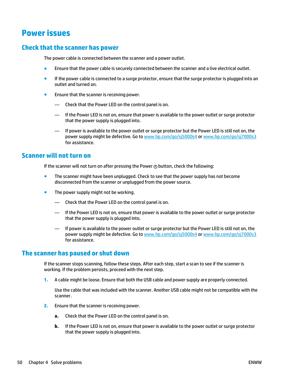 Power issues, Check that the scanner has power, Scanner will not turn on | The scanner has paused or shut down | HP ScanJet Enterprise Flow 5000 s4 User Manual | Page 58 / 72