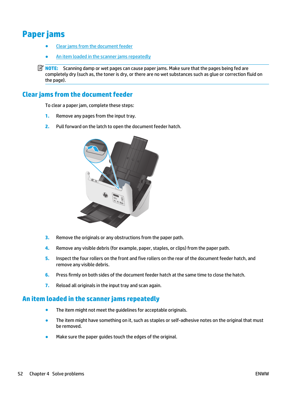 Paper jams, Clear jams from the document feeder, An item loaded in the scanner jams repeatedly | HP ScanJet Enterprise Flow 5000 s4 User Manual | Page 60 / 72