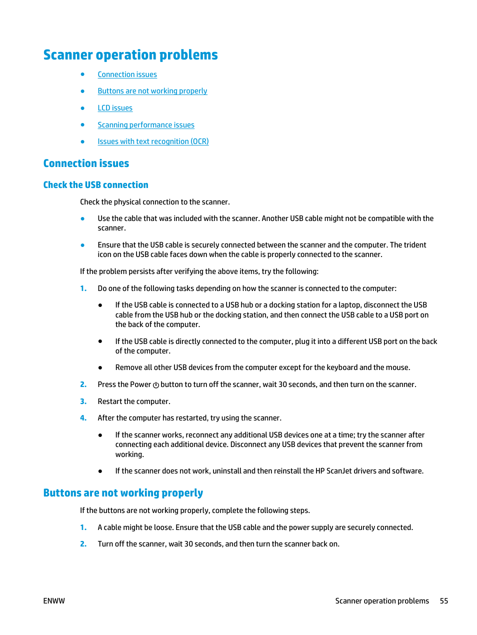 Scanner operation problems, Connection issues, Check the usb connection | Buttons are not working properly | HP ScanJet Enterprise Flow 5000 s4 User Manual | Page 63 / 72