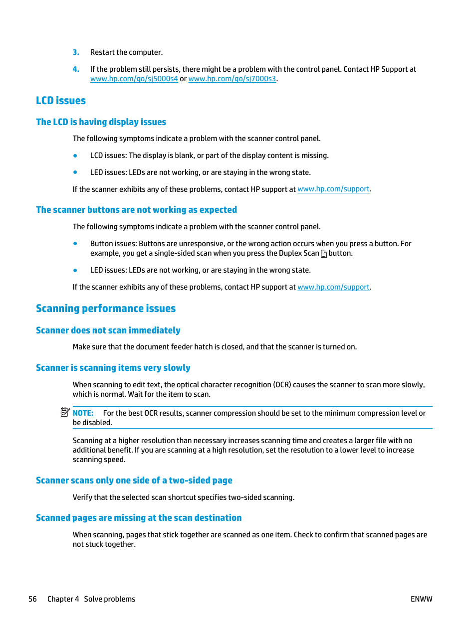 Lcd issues, The lcd is having display issues, The scanner buttons are not working as expected | Scanning performance issues, Scanner does not scan immediately, Scanner is scanning items very slowly | HP ScanJet Enterprise Flow 5000 s4 User Manual | Page 64 / 72