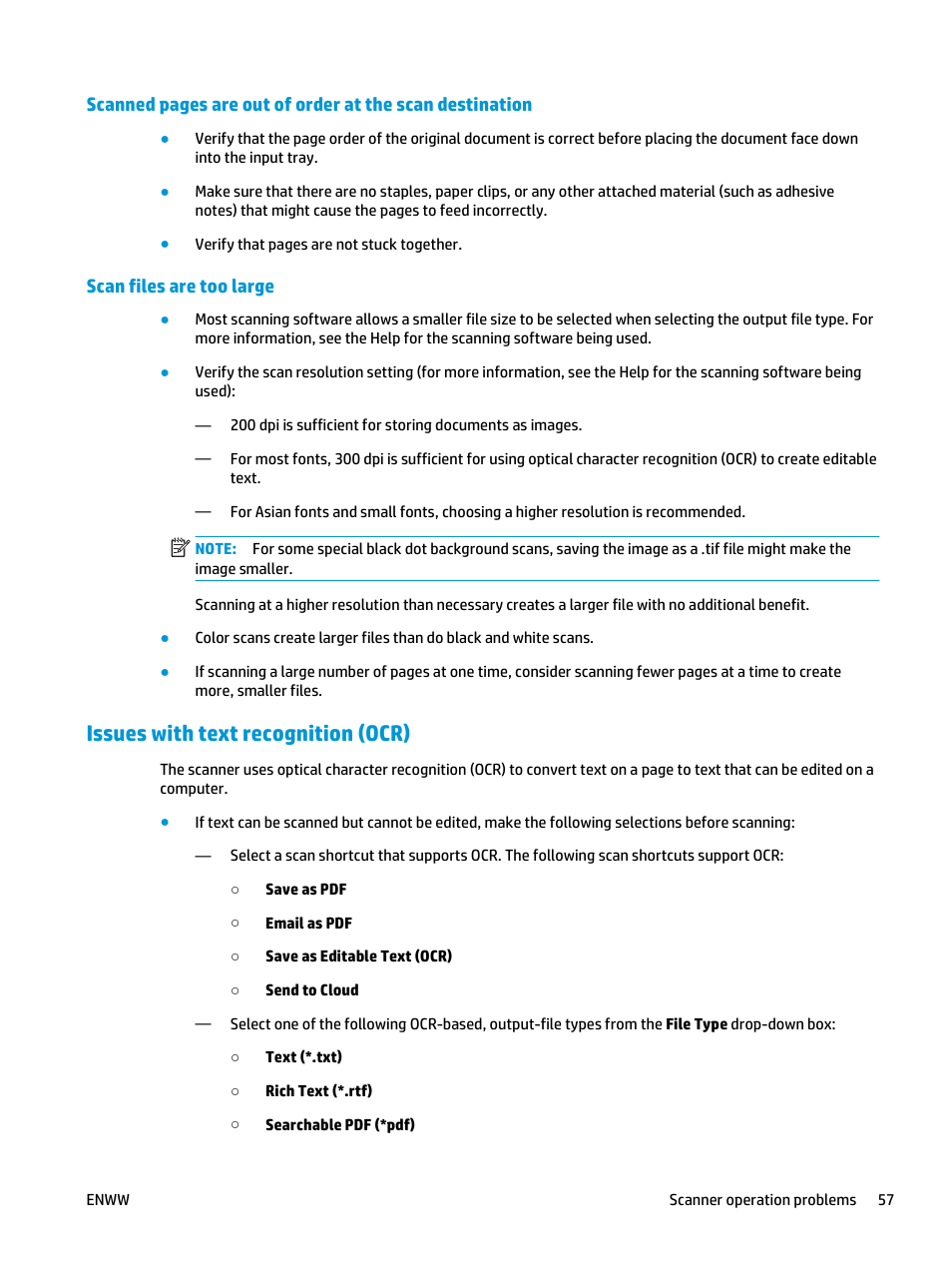 Scan files are too large, Issues with text recognition (ocr) | HP ScanJet Enterprise Flow 5000 s4 User Manual | Page 65 / 72