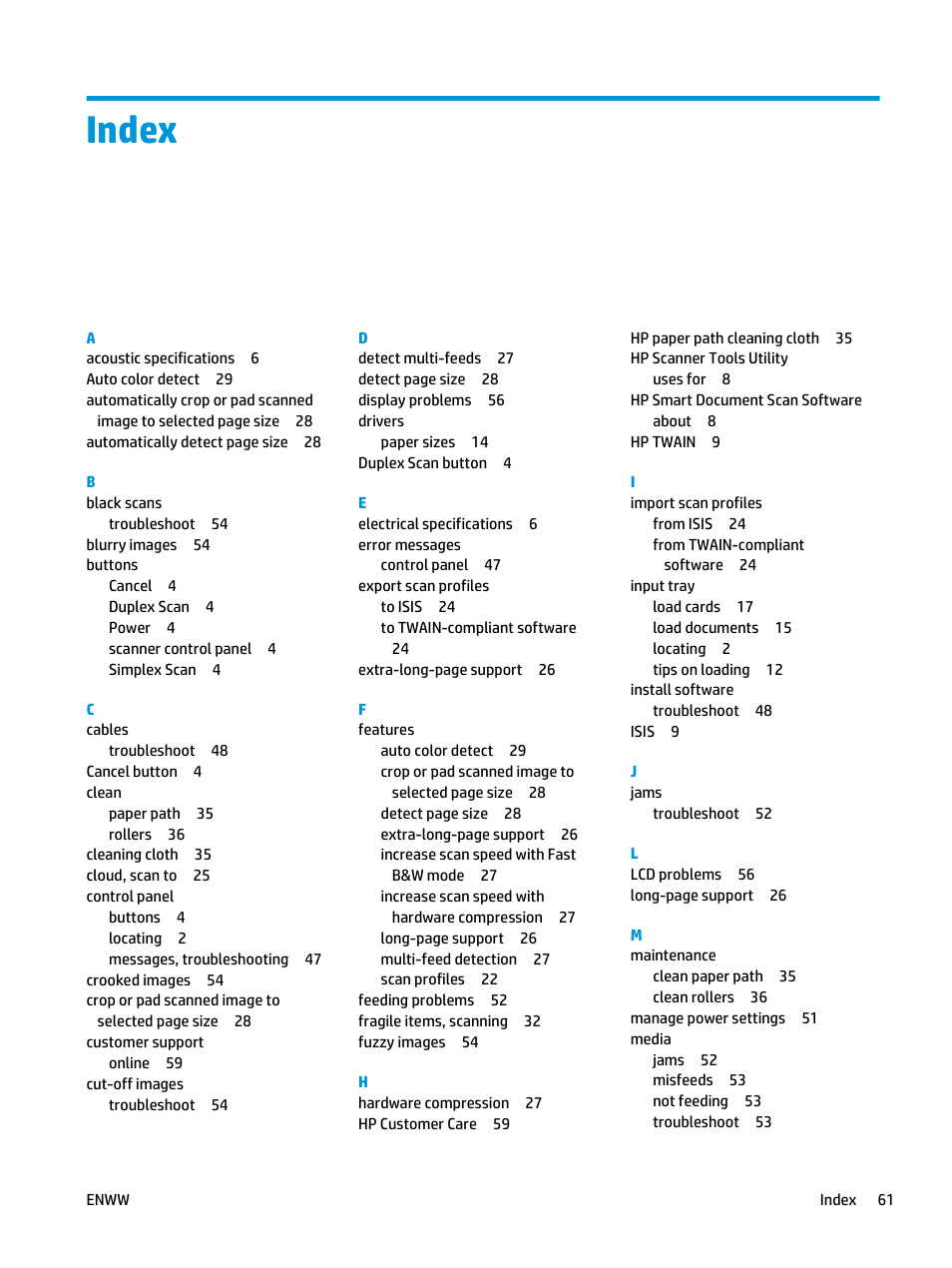 Index | HP ScanJet Enterprise Flow 5000 s4 User Manual | Page 69 / 72