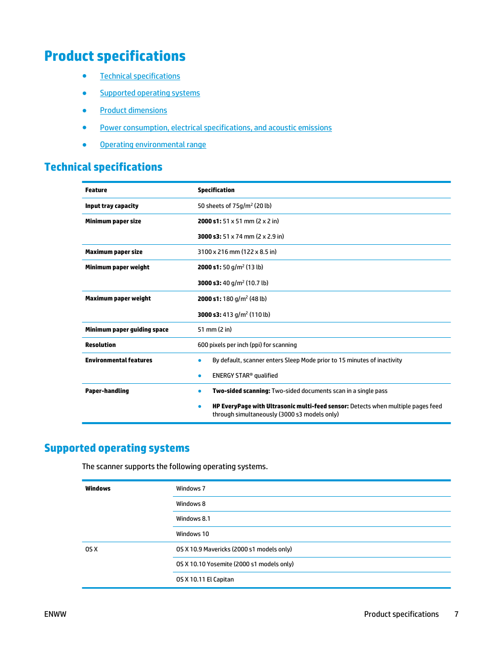 Product specifications, Technical specifications, Supported operating systems | HP ScanJet Pro 2000 s1 User Manual | Page 15 / 70