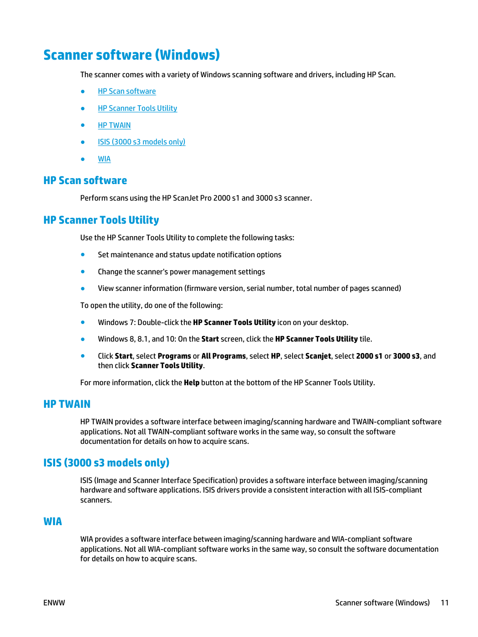 Scanner software (windows), Hp scan software, Hp scanner tools utility | Hp twain, Isis (3000 s3 models only) | HP ScanJet Pro 2000 s1 User Manual | Page 19 / 70