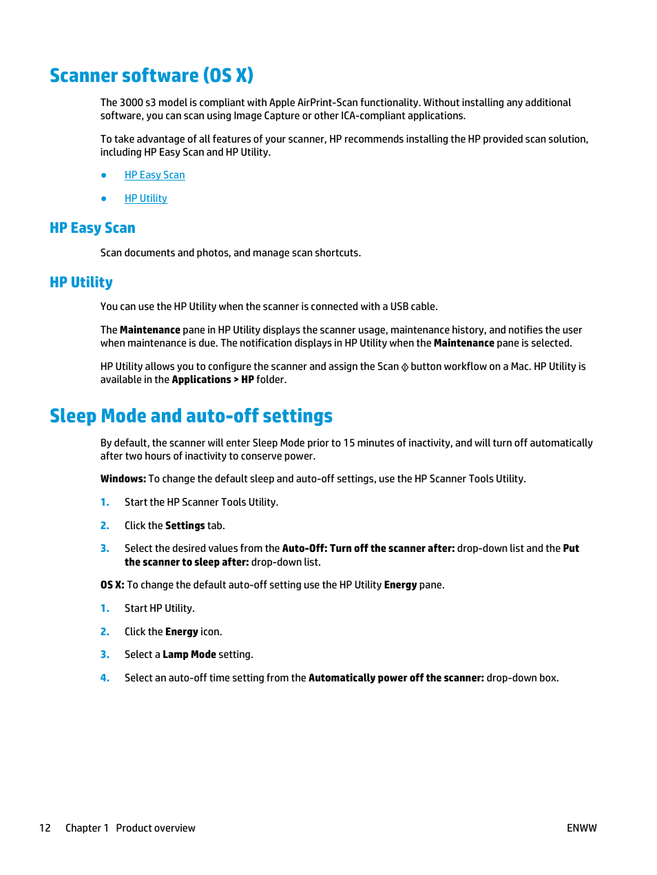 Scanner software (os x), Hp easy scan, Hp utility | Sleep mode and auto-off settings, Hp easy scan hp utility | HP ScanJet Pro 2000 s1 User Manual | Page 20 / 70