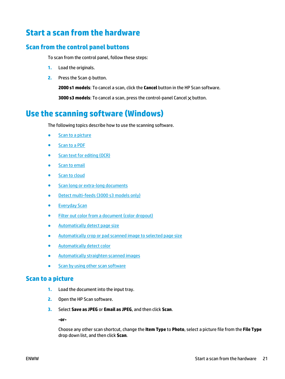 Start a scan from the hardware, Scan from the control panel buttons, Use the scanning software (windows) | Scan to a picture | HP ScanJet Pro 2000 s1 User Manual | Page 29 / 70