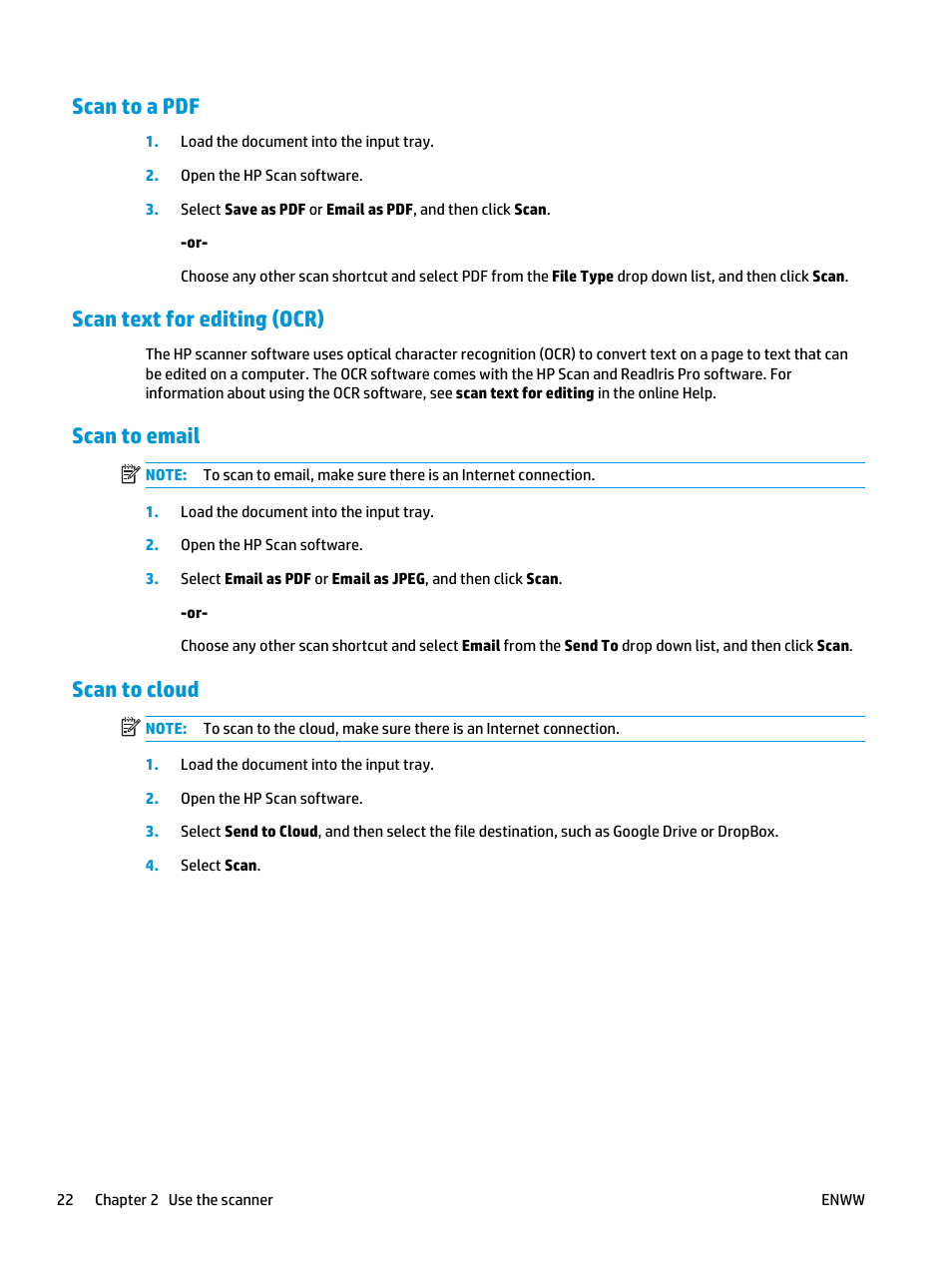 Scan to a pdf, Scan text for editing (ocr), Scan to email | Scan to cloud | HP ScanJet Pro 2000 s1 User Manual | Page 30 / 70