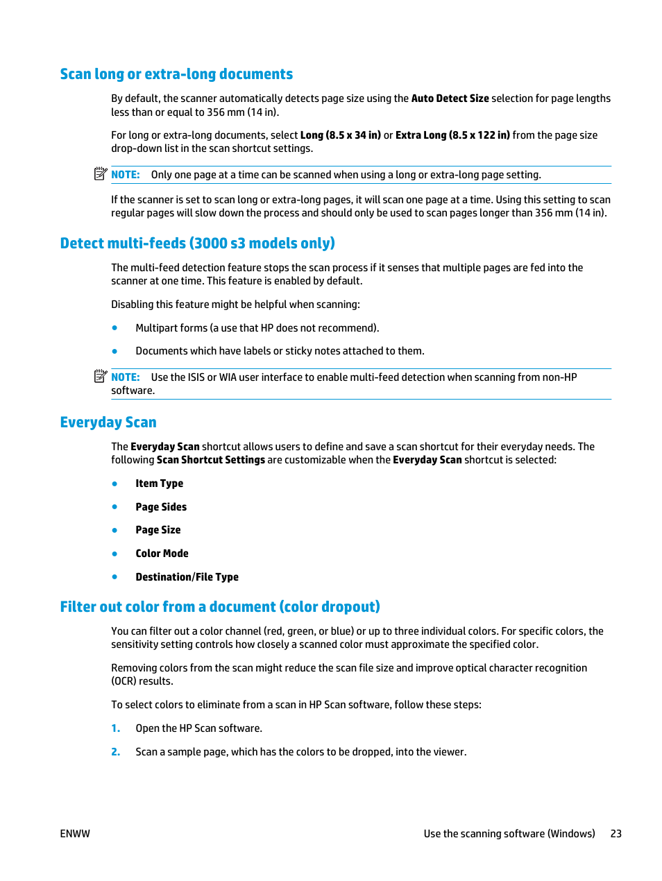 Scan long or extra-long documents, Detect multi-feeds (3000 s3 models only), Everyday scan | Filter out color from a document (color dropout) | HP ScanJet Pro 2000 s1 User Manual | Page 31 / 70