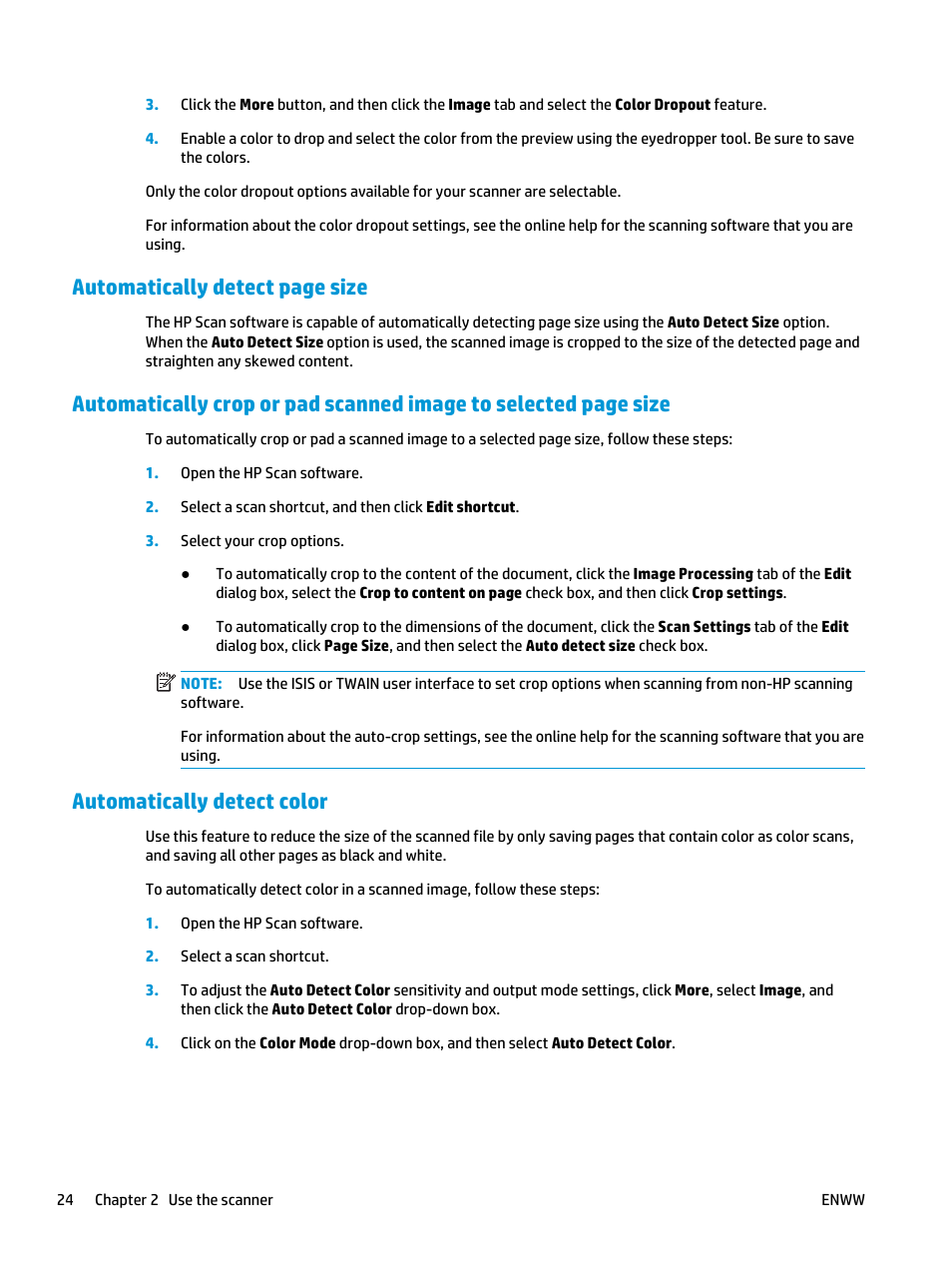 Automatically detect color, Automatically detect page size | HP ScanJet Pro 2000 s1 User Manual | Page 32 / 70