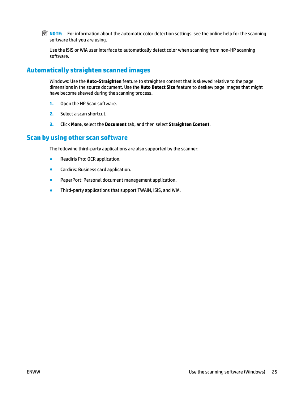 Automatically straighten scanned images, Scan by using other scan software | HP ScanJet Pro 2000 s1 User Manual | Page 33 / 70