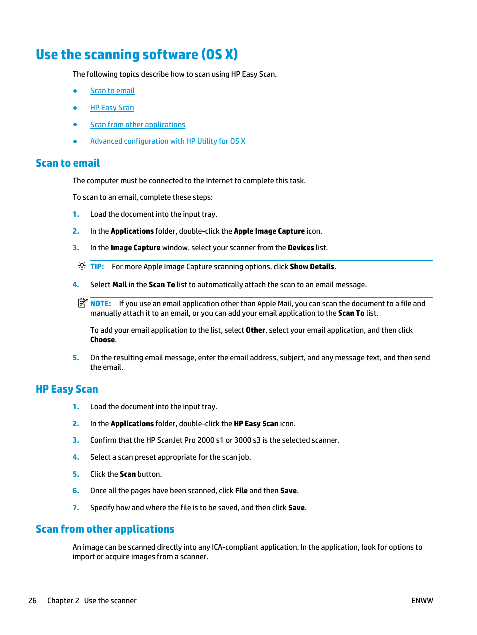 Use the scanning software (os x), Scan to email, Hp easy scan | Scan from other applications | HP ScanJet Pro 2000 s1 User Manual | Page 34 / 70