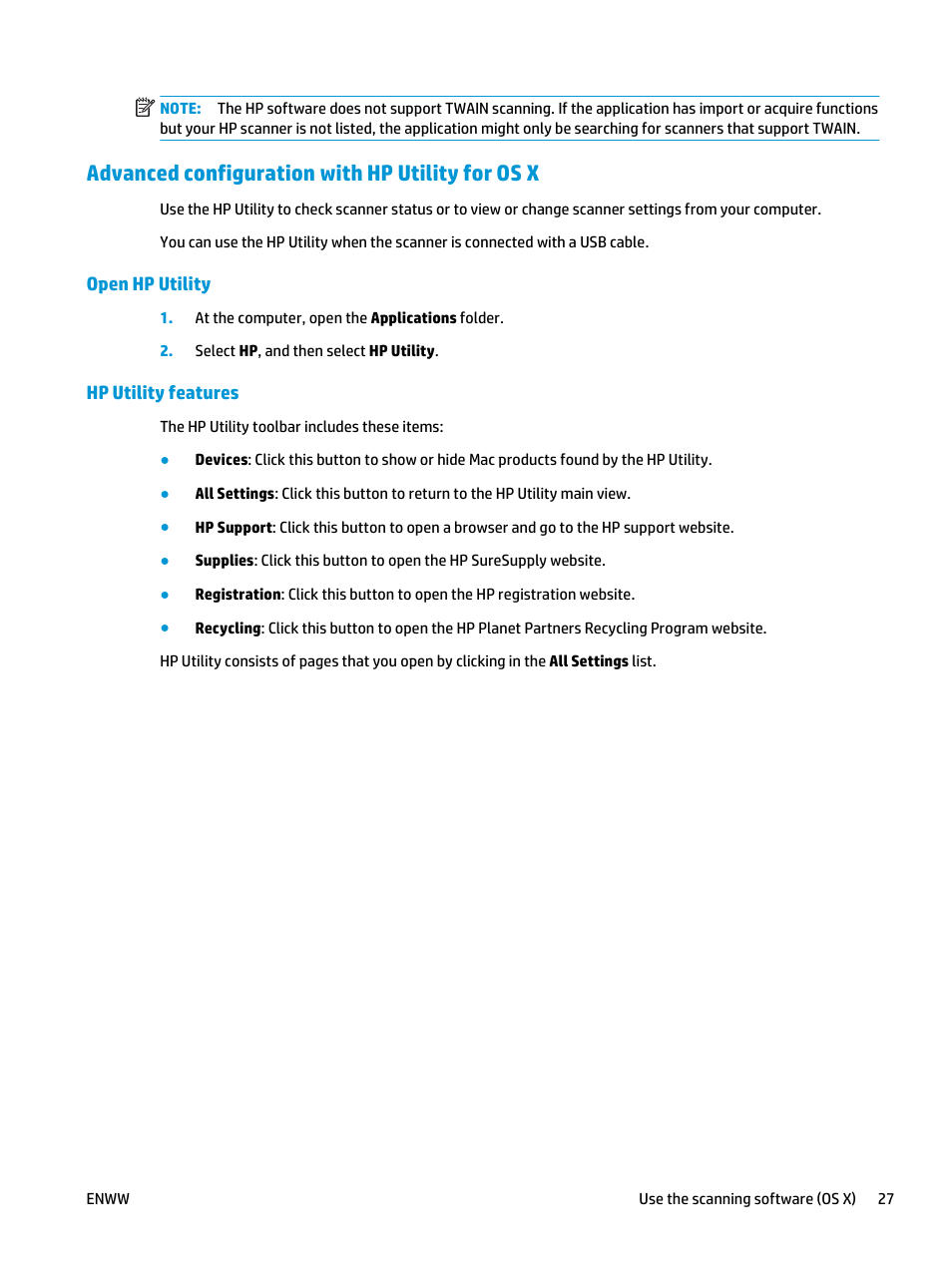 Advanced configuration with hp utility for os x, Open hp utility, Hp utility features | Open hp utility hp utility features | HP ScanJet Pro 2000 s1 User Manual | Page 35 / 70