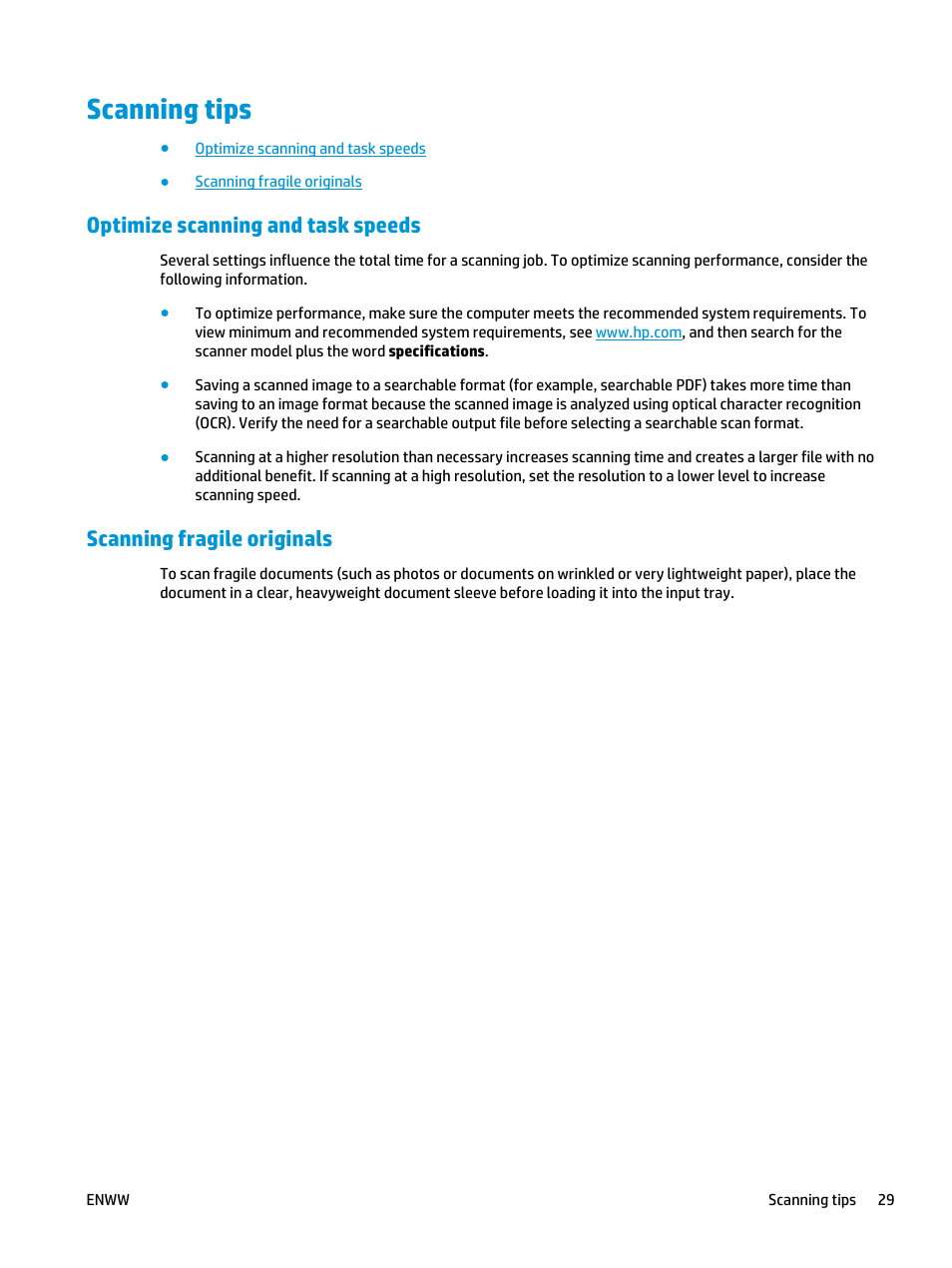 Scanning tips, Optimize scanning and task speeds, Scanning fragile originals | HP ScanJet Pro 2000 s1 User Manual | Page 37 / 70