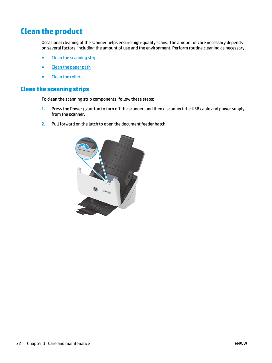Clean the product, Clean the scanning strips | HP ScanJet Pro 2000 s1 User Manual | Page 40 / 70