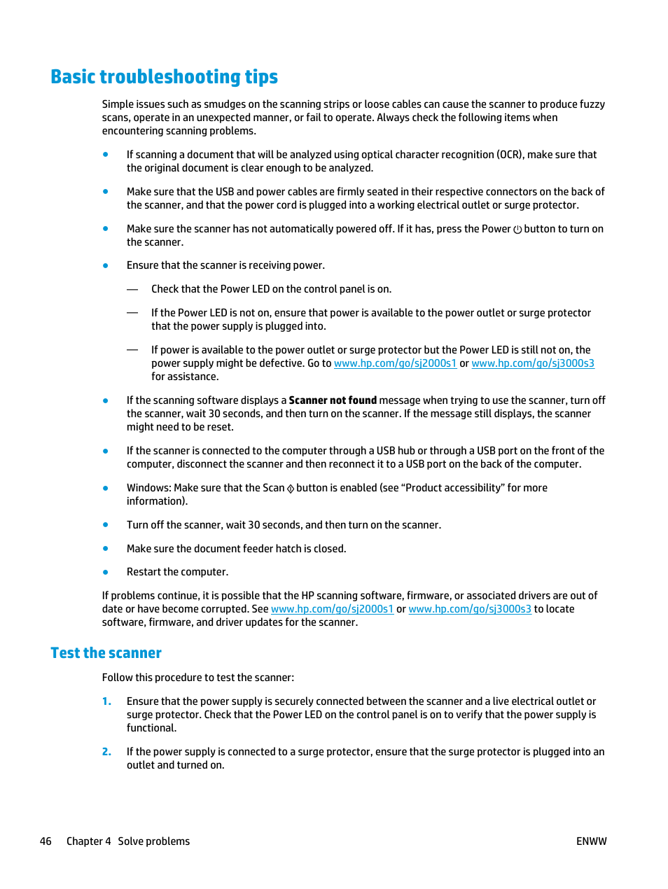 Basic troubleshooting tips, Test the scanner | HP ScanJet Pro 2000 s1 User Manual | Page 54 / 70