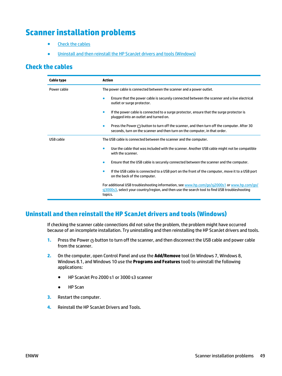 Scanner installation problems, Check the cables | HP ScanJet Pro 2000 s1 User Manual | Page 57 / 70