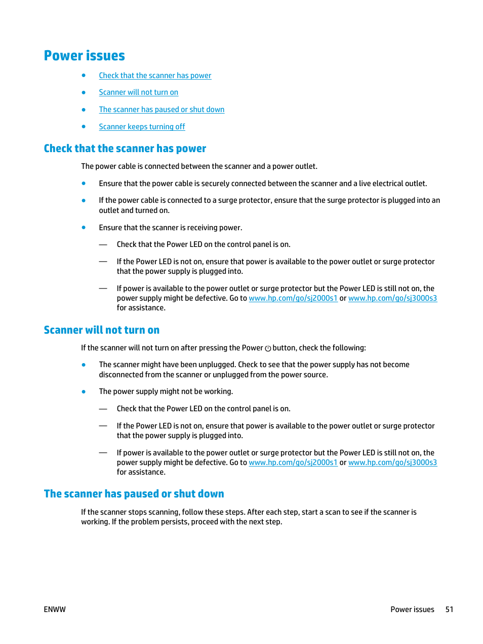 Power issues, Check that the scanner has power, Scanner will not turn on | The scanner has paused or shut down | HP ScanJet Pro 2000 s1 User Manual | Page 59 / 70