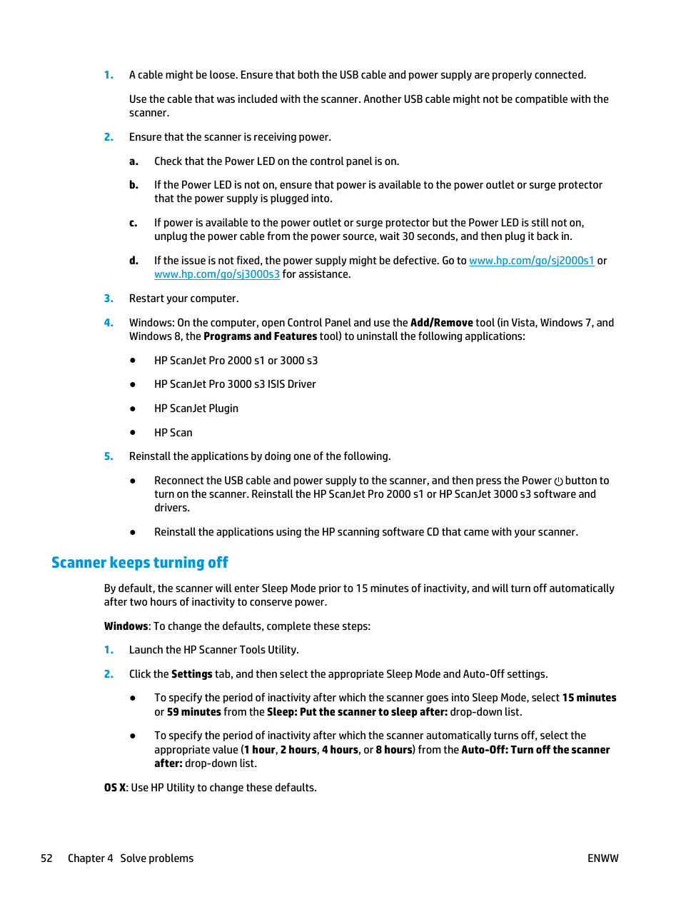 Scanner keeps turning off | HP ScanJet Pro 2000 s1 User Manual | Page 60 / 70