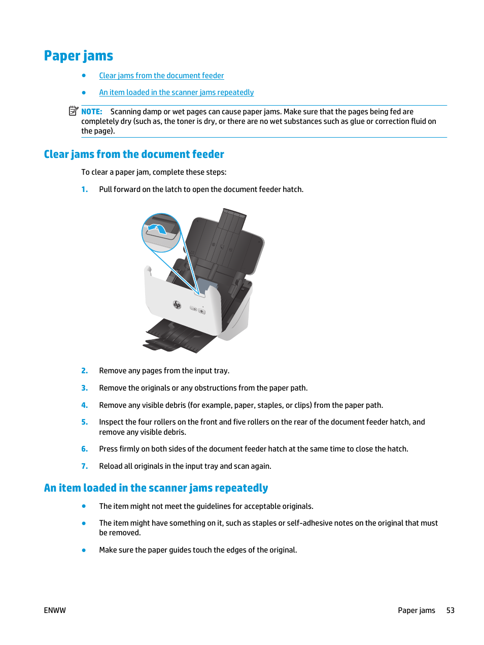 Paper jams, Clear jams from the document feeder, An item loaded in the scanner jams repeatedly | HP ScanJet Pro 2000 s1 User Manual | Page 61 / 70