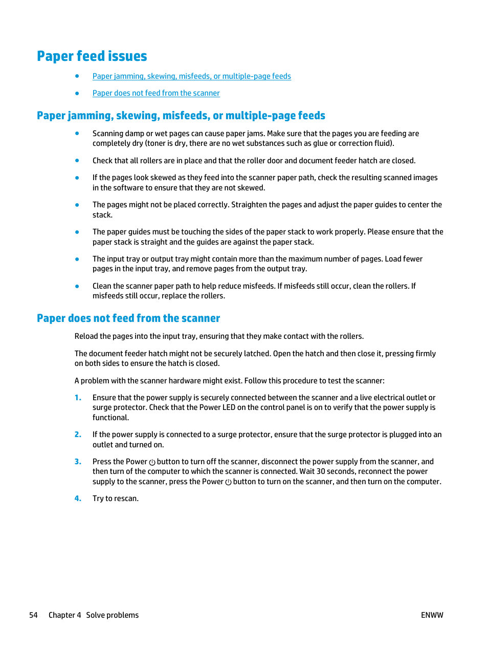 Paper feed issues, Paper does not feed from the scanner | HP ScanJet Pro 2000 s1 User Manual | Page 62 / 70