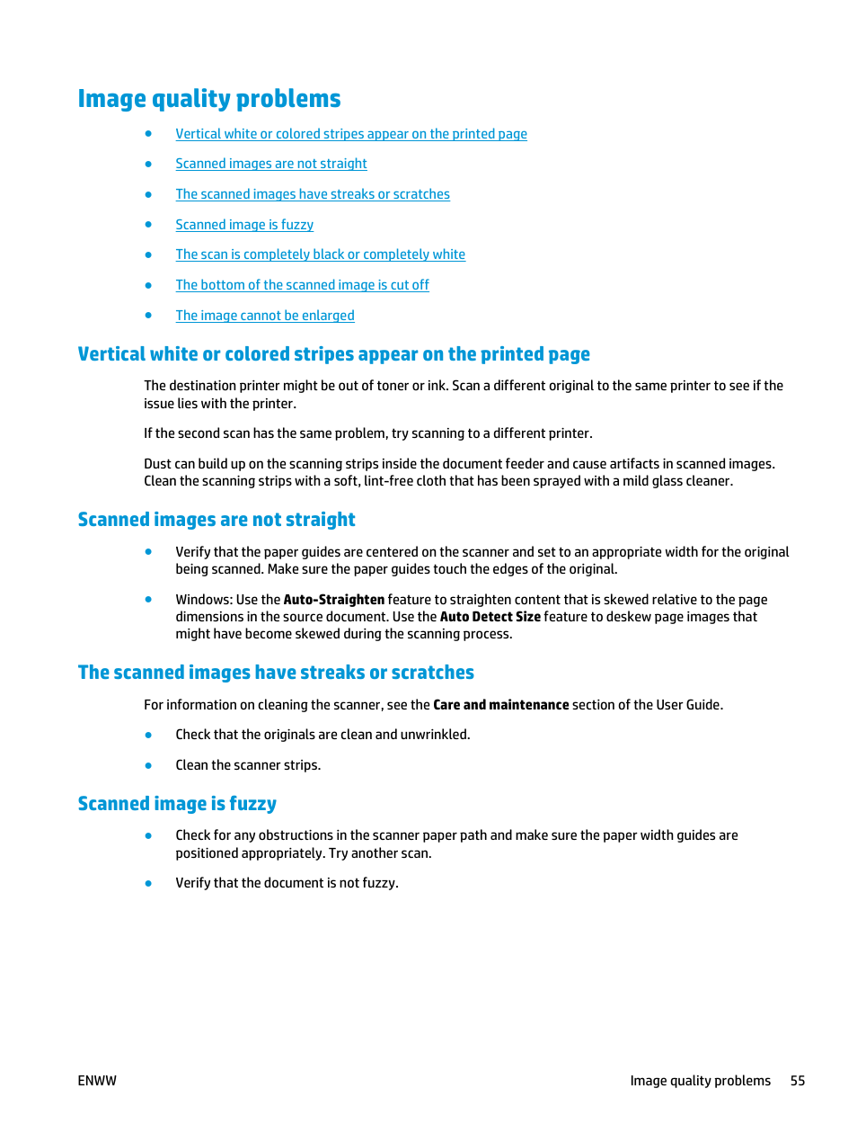 Image quality problems, Scanned images are not straight, The scanned images have streaks or scratches | Scanned image is fuzzy | HP ScanJet Pro 2000 s1 User Manual | Page 63 / 70