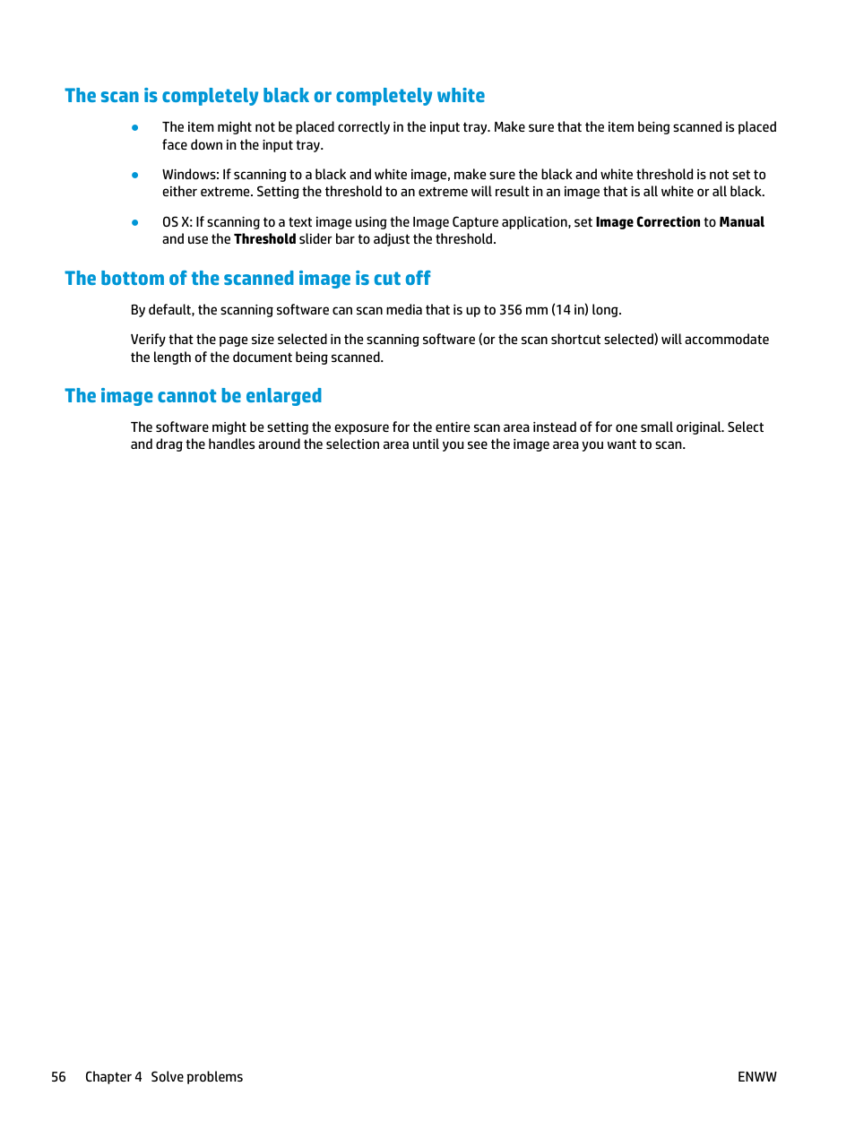 The scan is completely black or completely white, The bottom of the scanned image is cut off, The image cannot be enlarged | HP ScanJet Pro 2000 s1 User Manual | Page 64 / 70