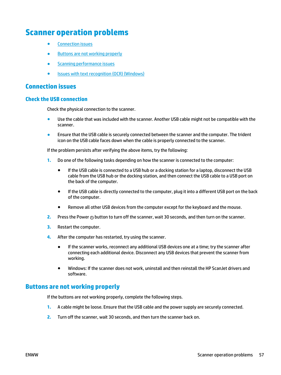 Scanner operation problems, Connection issues, Check the usb connection | Buttons are not working properly | HP ScanJet Pro 2000 s1 User Manual | Page 65 / 70