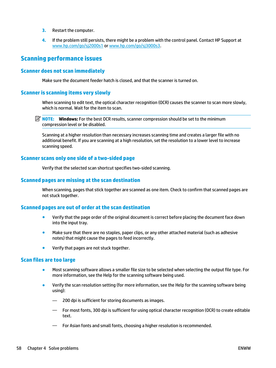 Scanning performance issues, Scanner does not scan immediately, Scanner is scanning items very slowly | Scan files are too large | HP ScanJet Pro 2000 s1 User Manual | Page 66 / 70