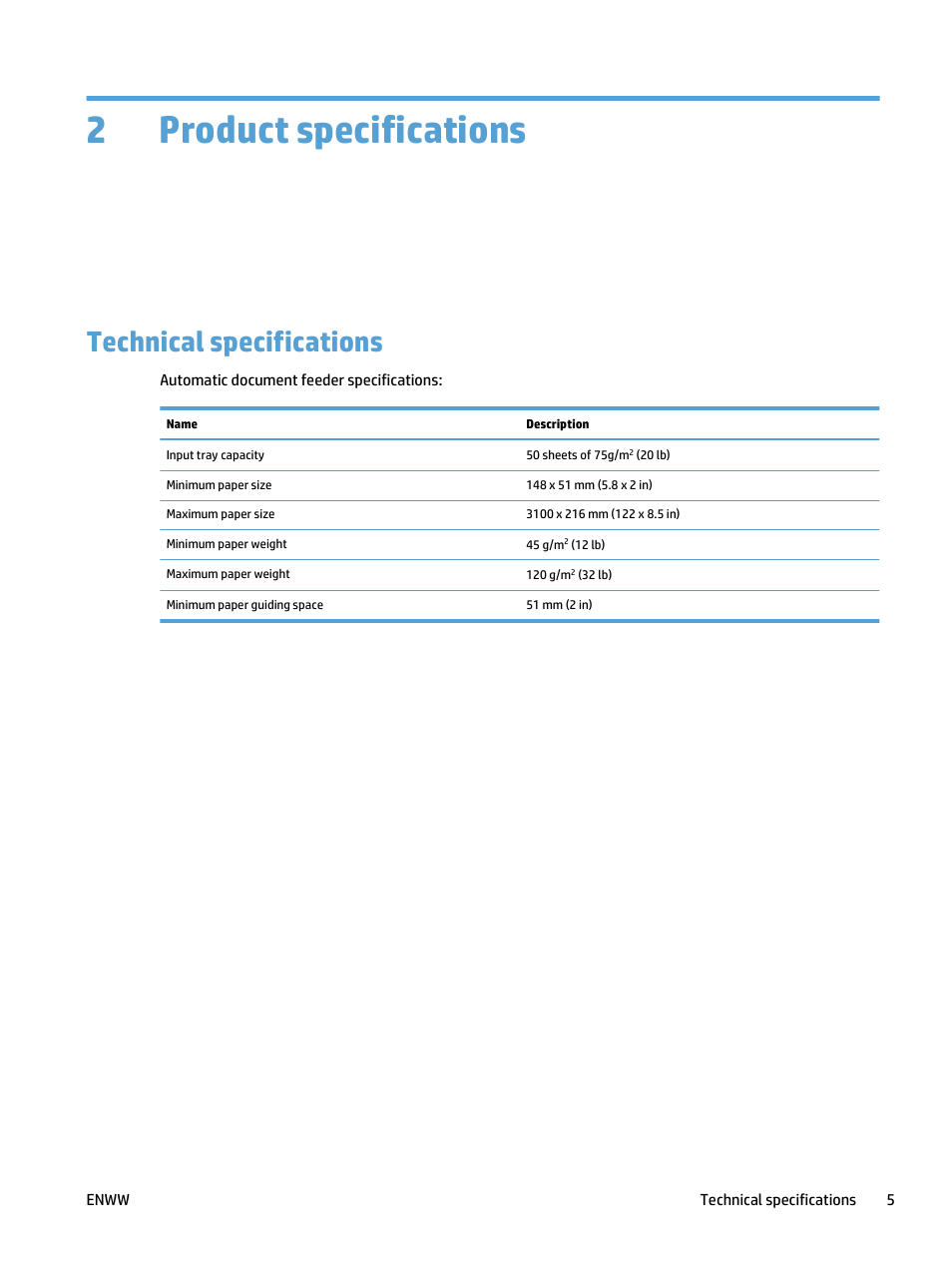 Product specifications, Technical specifications, 2 product specifications | 2product specifications | HP ScanJet Pro 4500 fn1 User Manual | Page 13 / 64