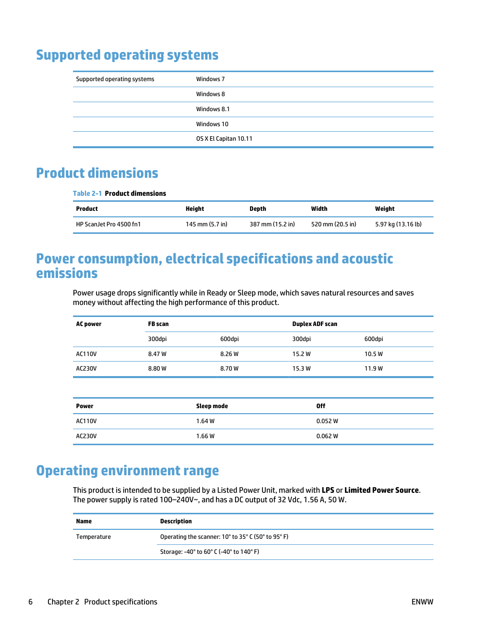 Supported operating systems, Product dimensions, Operating environment range | HP ScanJet Pro 4500 fn1 User Manual | Page 14 / 64
