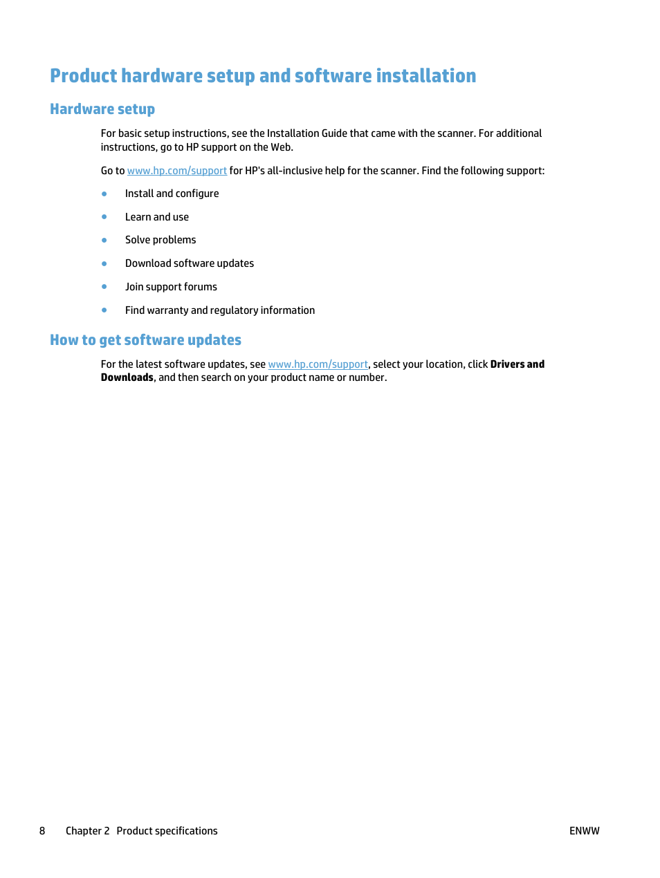 Product hardware setup and software installation, Hardware setup, How to get software updates | Hardware setup how to get software updates | HP ScanJet Pro 4500 fn1 User Manual | Page 16 / 64