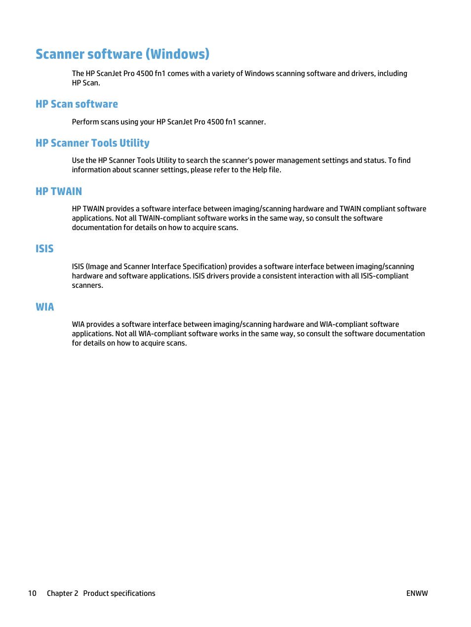 Scanner software (windows), Hp scan software, Hp scanner tools utility | Hp twain, Isis | HP ScanJet Pro 4500 fn1 User Manual | Page 18 / 64