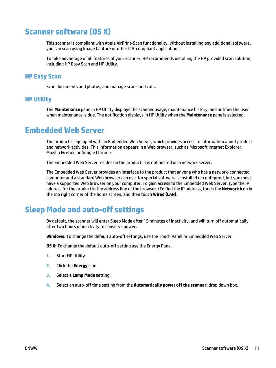 Scanner software (os x), Hp easy scan, Hp utility | Embedded web server, Sleep mode and auto-off settings, Hp easy scan hp utility | HP ScanJet Pro 4500 fn1 User Manual | Page 19 / 64