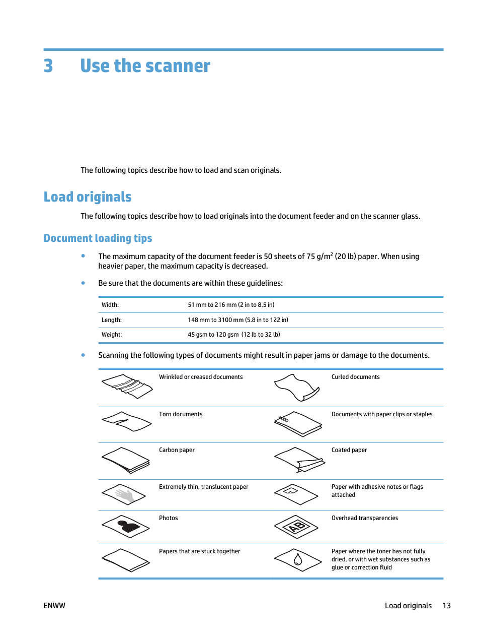 Use the scanner, Load originals, Document loading tips | 3 use the scanner, 3use the scanner | HP ScanJet Pro 4500 fn1 User Manual | Page 21 / 64