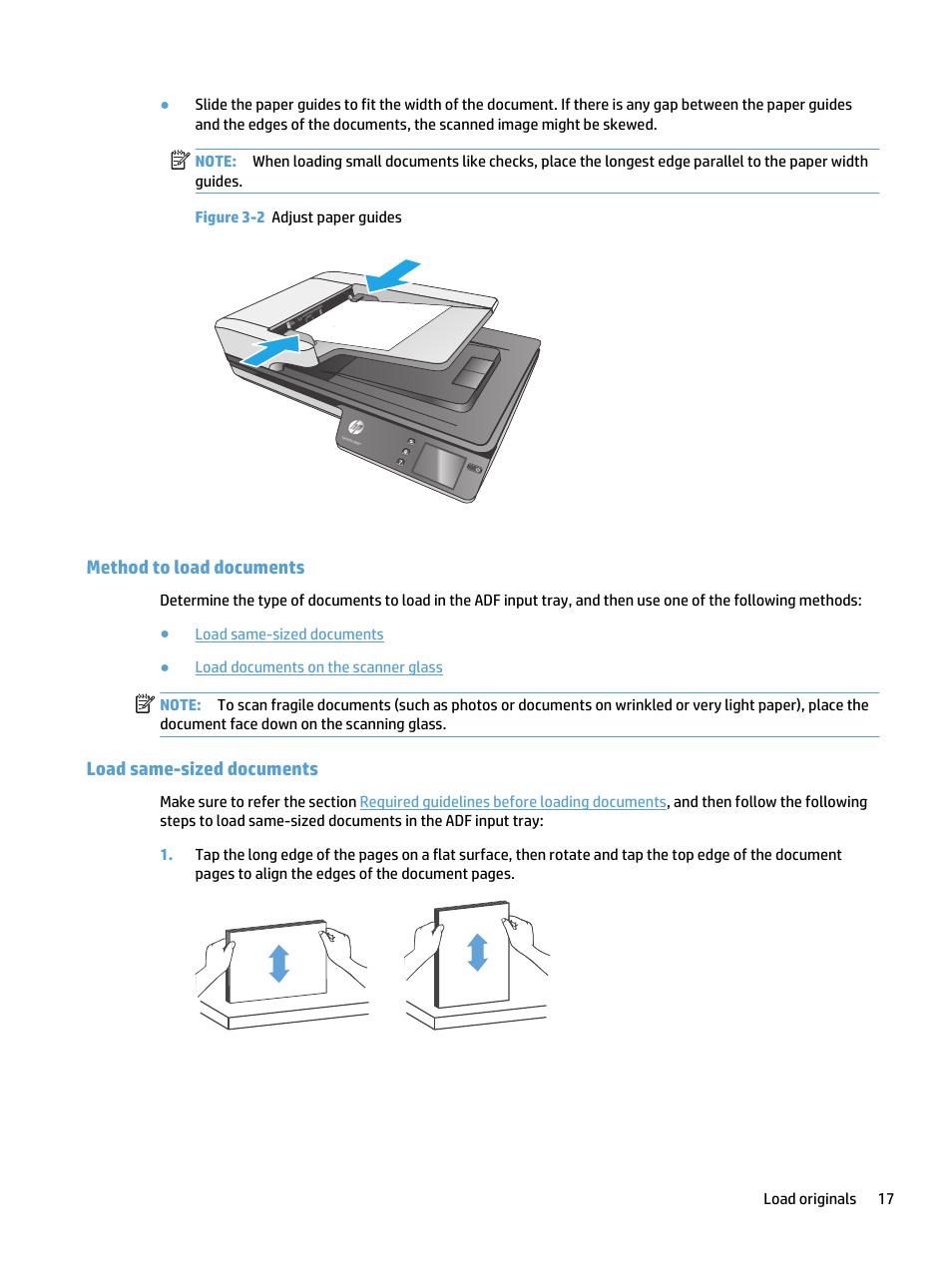 Method to load documents, Load same-sized documents, Method to load documents load same-sized documents | HP ScanJet Pro 4500 fn1 User Manual | Page 25 / 64