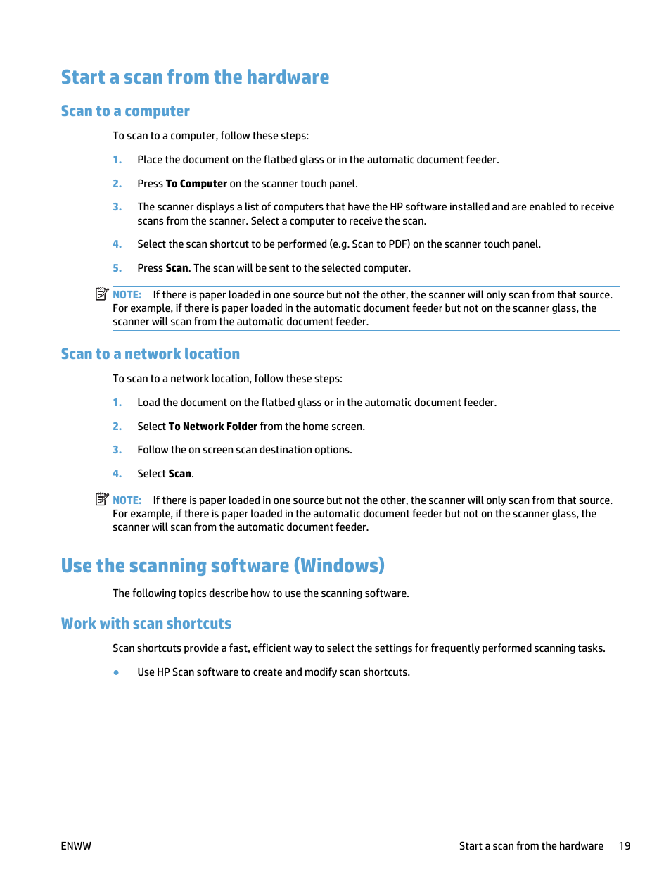 Start a scan from the hardware, Scan to a computer, Scan to a network location | Use the scanning software (windows), Work with scan shortcuts, Scan to a computer scan to a network location | HP ScanJet Pro 4500 fn1 User Manual | Page 27 / 64