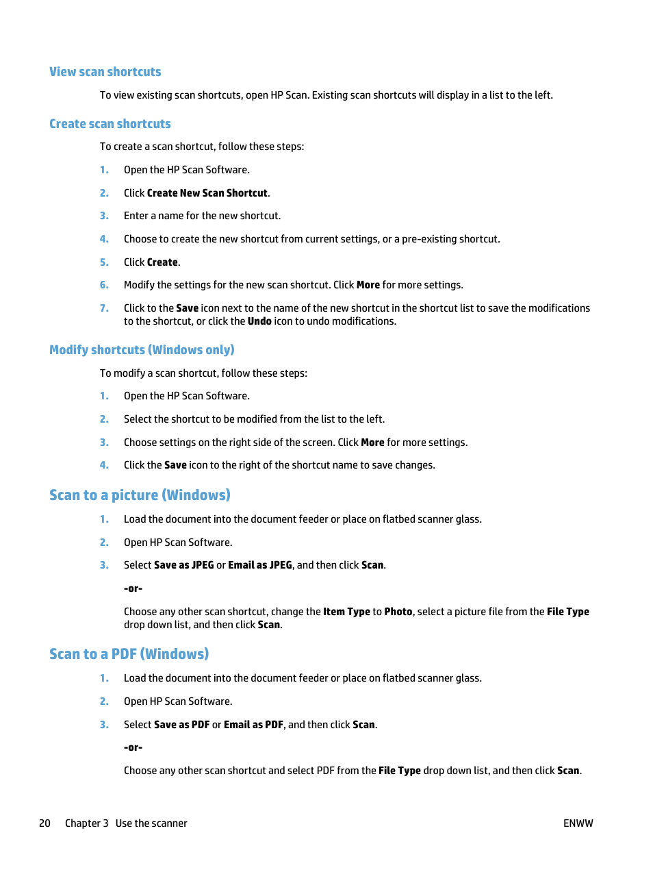 View scan shortcuts, Create scan shortcuts, Modify shortcuts (windows only) | Scan to a picture (windows), Scan to a pdf (windows) | HP ScanJet Pro 4500 fn1 User Manual | Page 28 / 64