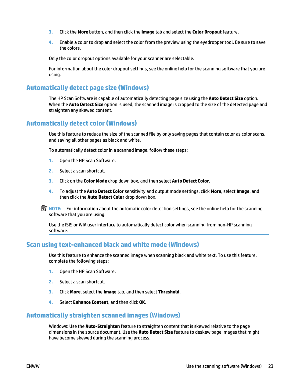 Automatically detect color (windows), Automatically straighten scanned images (windows), Automatically detect page size (windows) | HP ScanJet Pro 4500 fn1 User Manual | Page 31 / 64