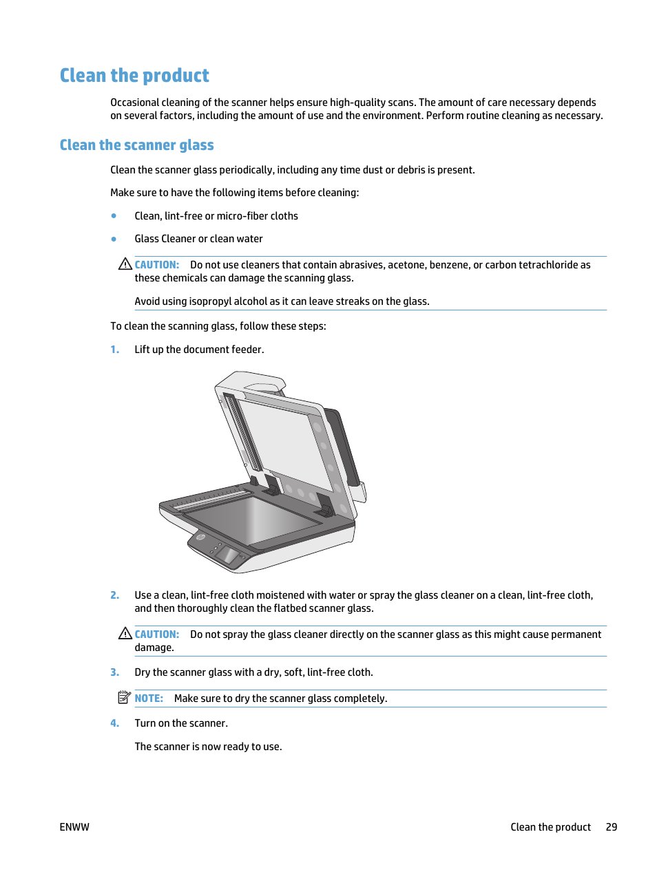 Clean the product, Clean the scanner glass | HP ScanJet Pro 4500 fn1 User Manual | Page 37 / 64