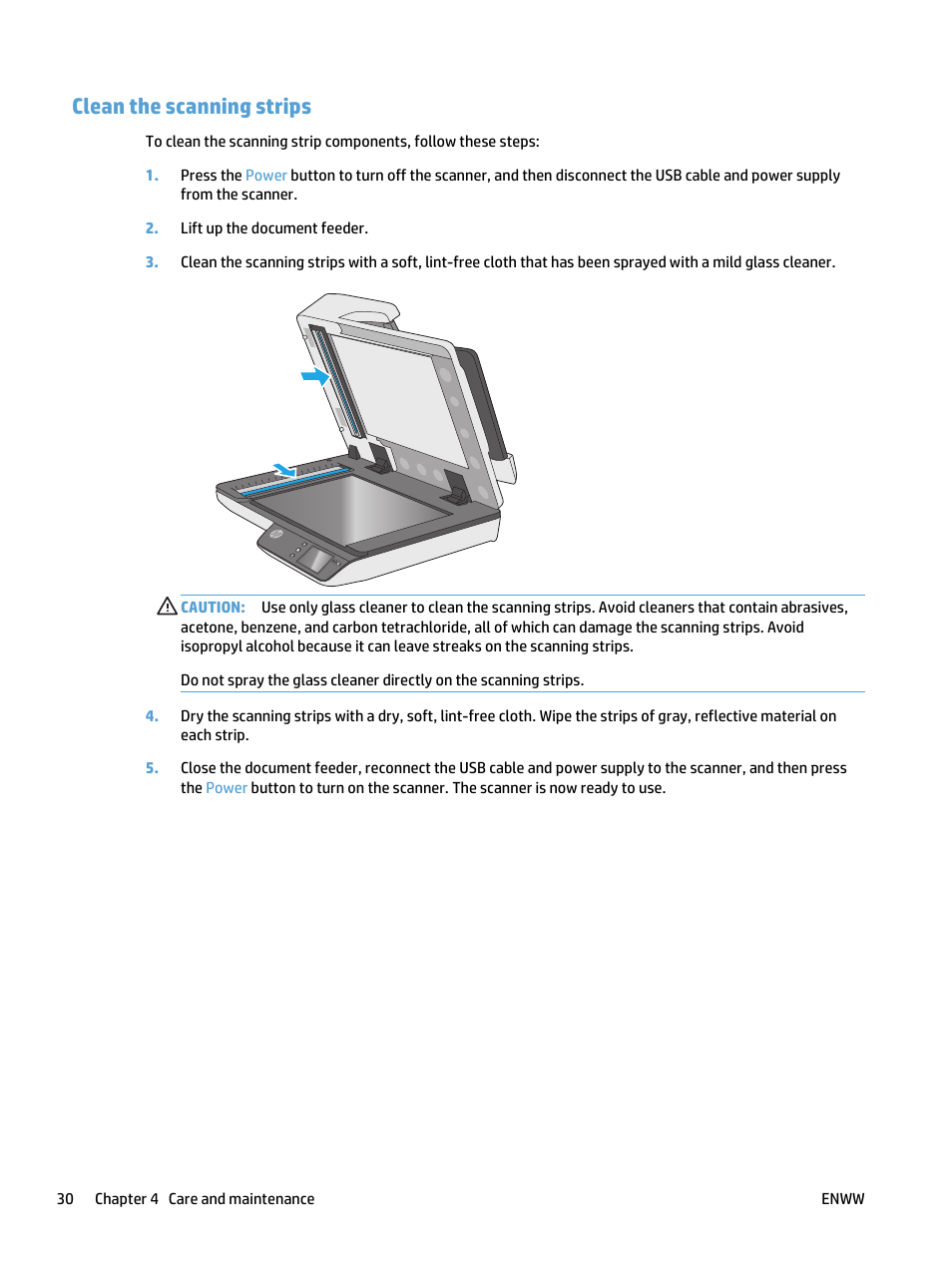 Clean the scanning strips | HP ScanJet Pro 4500 fn1 User Manual | Page 38 / 64