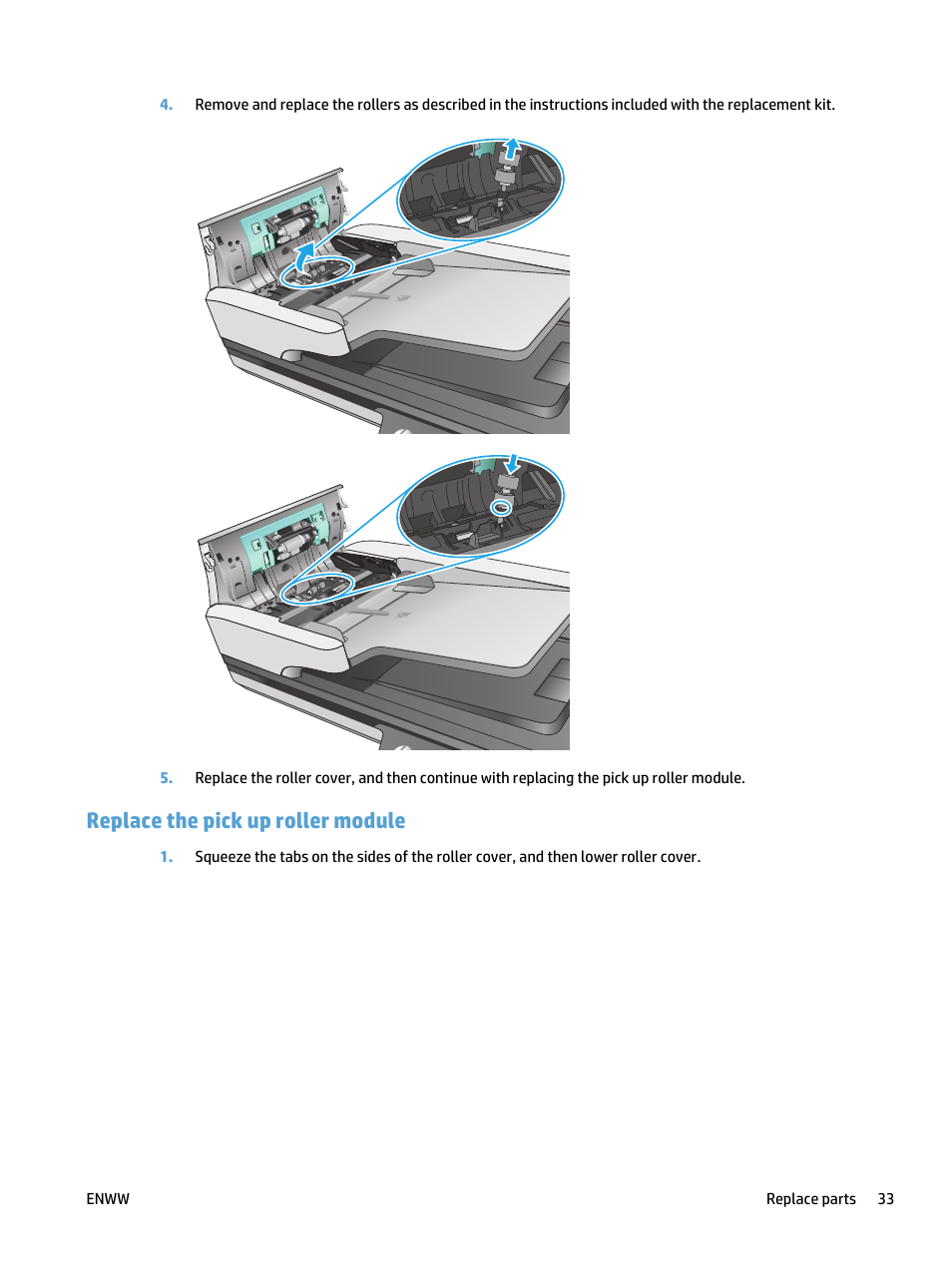 Replace the pick up roller module | HP ScanJet Pro 4500 fn1 User Manual | Page 41 / 64