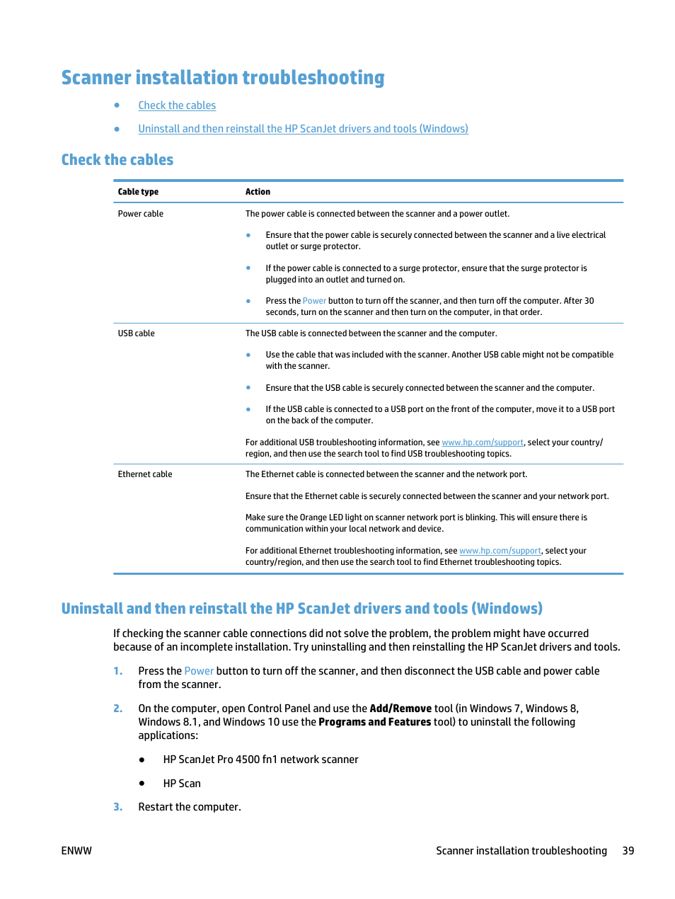 Scanner installation troubleshooting, Check the cables | HP ScanJet Pro 4500 fn1 User Manual | Page 47 / 64
