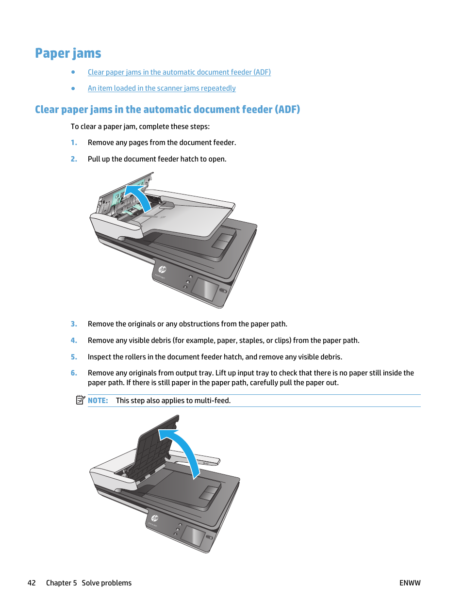 Paper jams | HP ScanJet Pro 4500 fn1 User Manual | Page 50 / 64