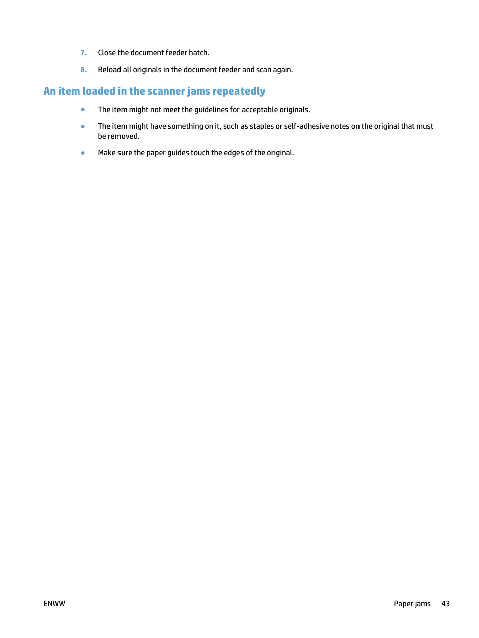 An item loaded in the scanner jams repeatedly | HP ScanJet Pro 4500 fn1 User Manual | Page 51 / 64